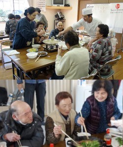 Temporary housing residents enjoy a meal prepared by a famous chef